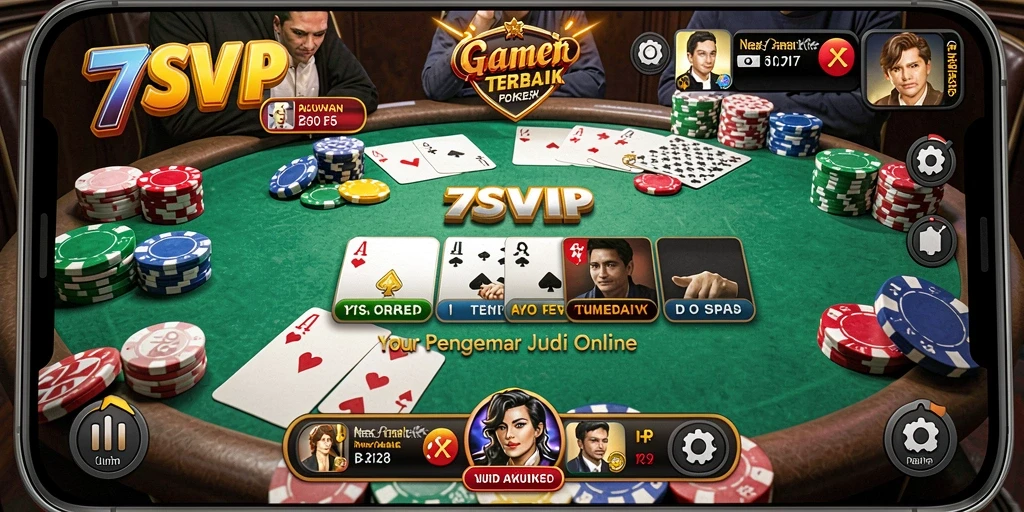 Screenshot gameplay 7SVIP menampilkan aksi poker yang mendebarkan.