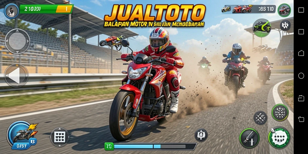 Gameplay seru JUALTOTO dengan balapan motor mendebarkan.