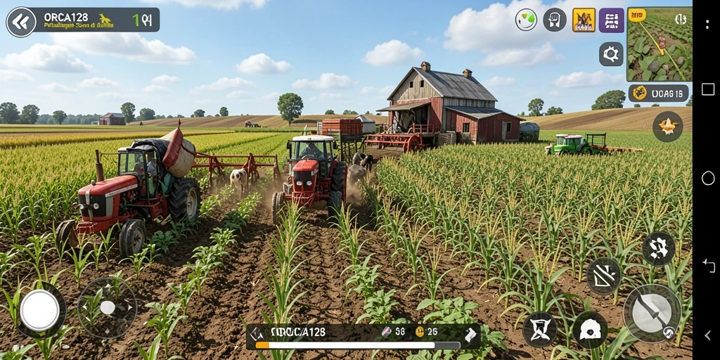 Gameplay seru di ORCA128 saat mengelola ladang dan hewan ternak.