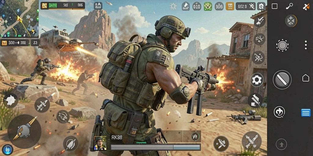 Screenshot gameplay RK88 menunjukkan aksi seru dalam arena Battle Royale.