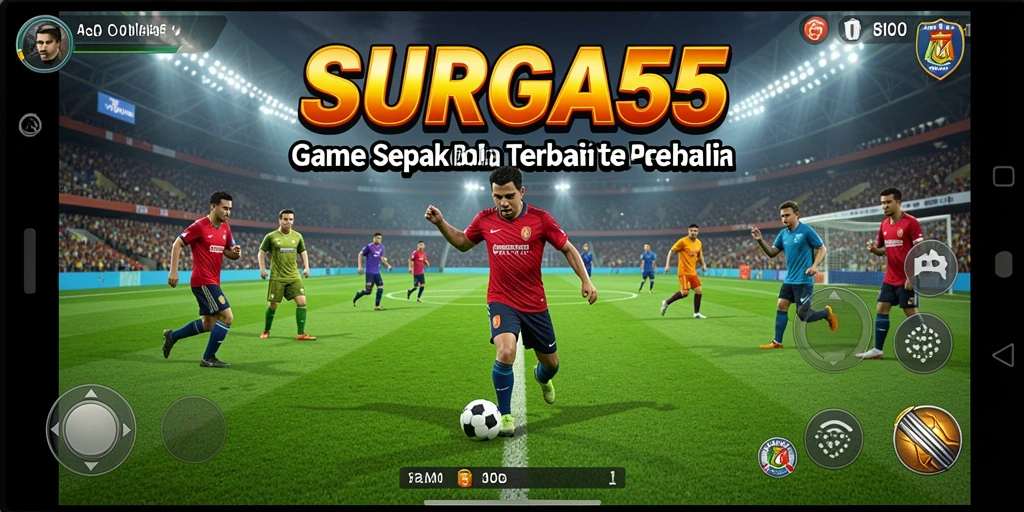 Screenshot gameplay SURGA55 menunjukkan aksi sepak bola yang mendebarkan di lapangan.